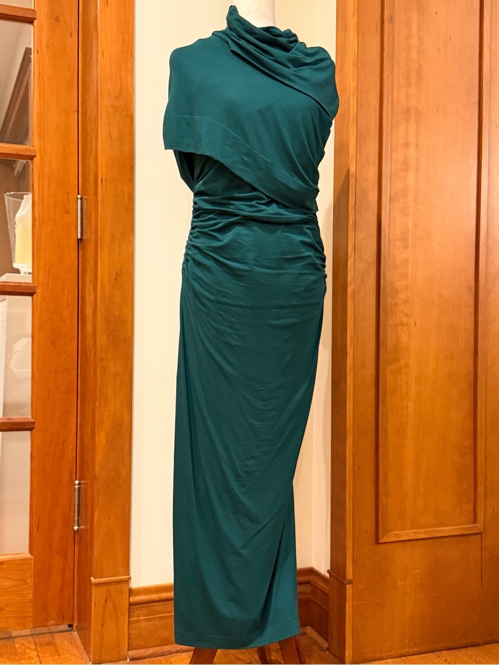 Reiss Deep Teal Draped Maxi Dress with Ruched Back & Bustle